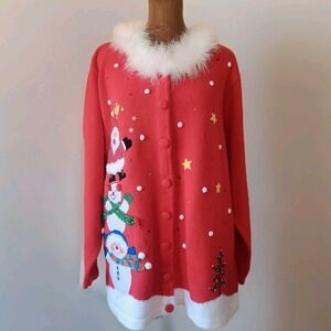 Vintage Quacker Factory Christmas Cardigan Sweater Feather Trim Snowman Red 2X